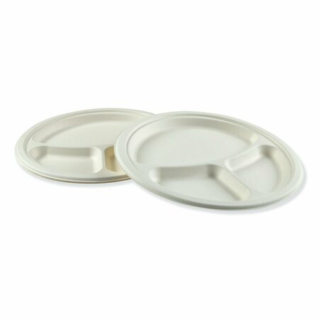 BOARDWALK Bagasse Molded Fiber Dinnerware, 3-Compartment Plate, 10", Wht, PK500 BWKPLATEWF3CM10